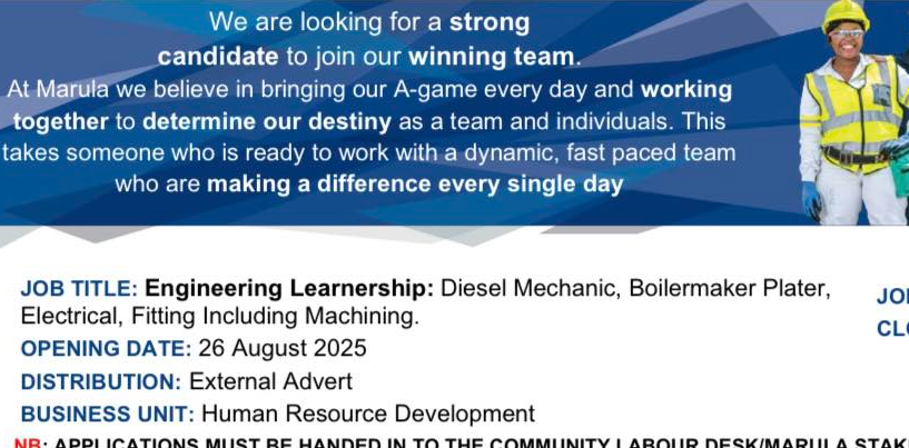 Marula Platinum Mine Engineering Learnership Programme 2025